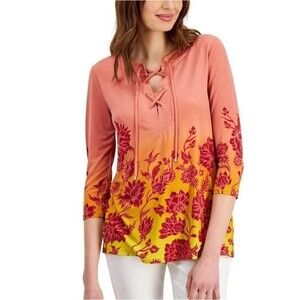 JM Collection Womens M Burnt Brick Floral 3/4 Sleeves Blouse Top NWT BN82